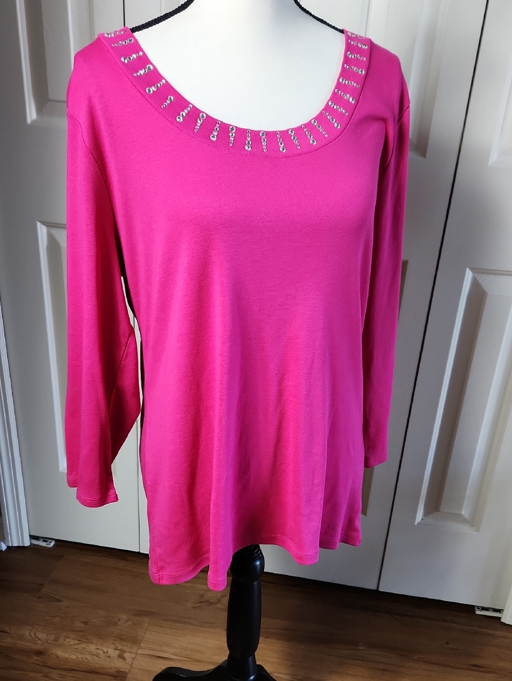 Style & Co. Hot Pink Scoop Neck Long Sleeve Tee with Rhinestone Trim